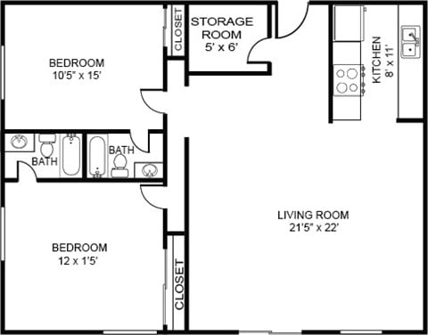 Floor plan for 2 beds, 2 baths, 1290 sqft